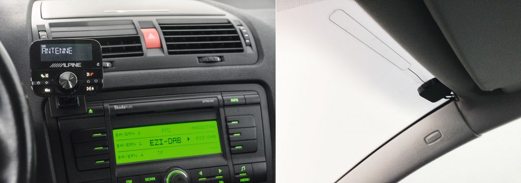 Im Bild ist das Bedienteil und die Scheibenantenne des EZi-DAB zu sehen.